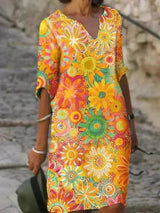 Nira Loose Midi Dress with Bold Floral Print and Notched V-Neck
