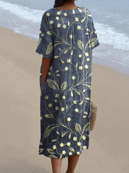 Eleanor Floral Embroidered V-Neck Cotton Blend Women's Midi Dress