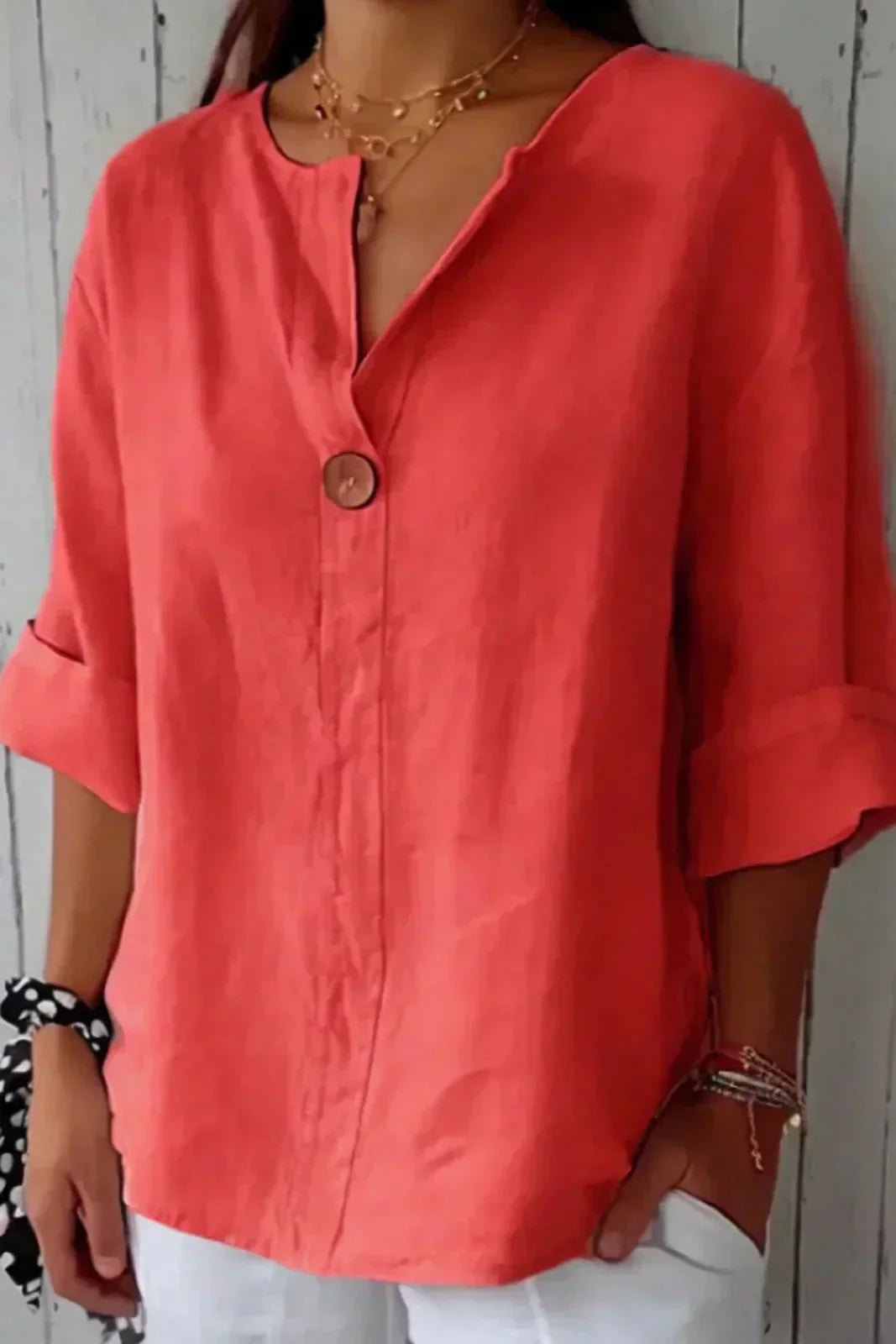 Natasha Linen Blouse with V-Neck Single Button and Rolled Sleeves