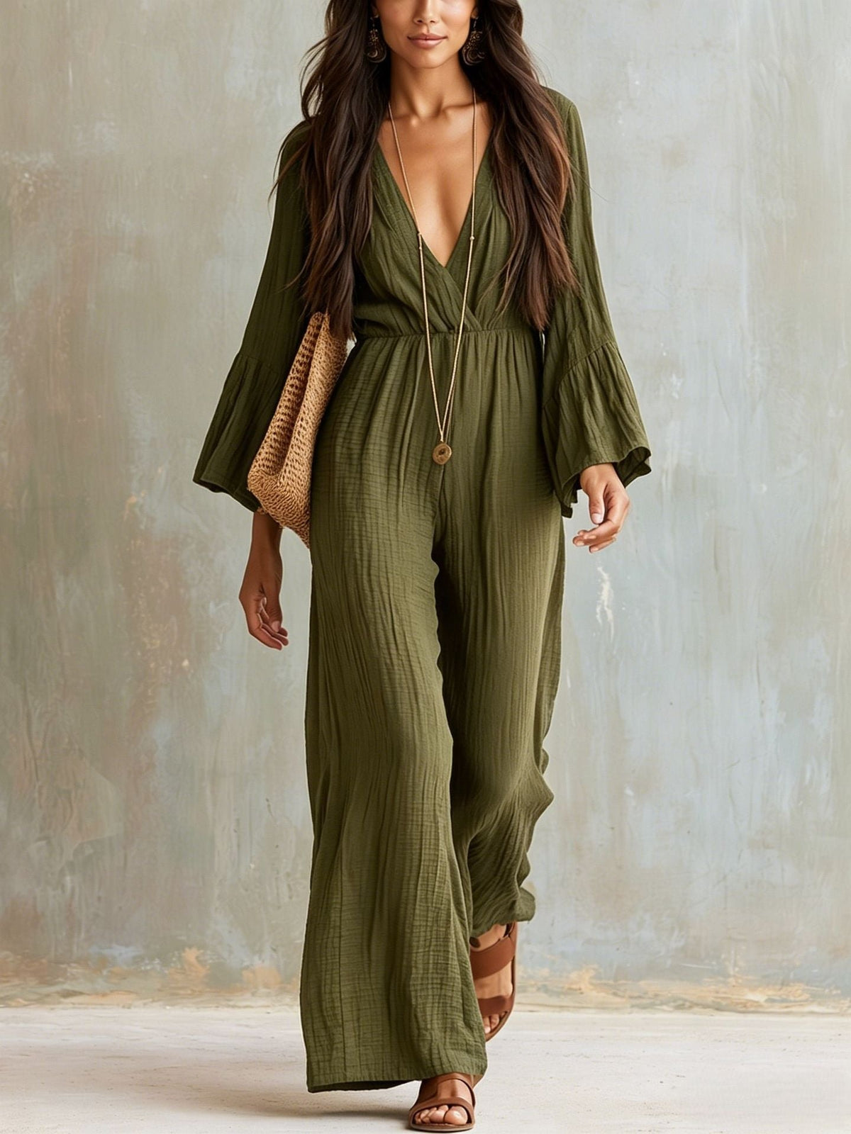 Women's Linen V-Neck Wide-Leg Jumpsuit with Bell Sleeves