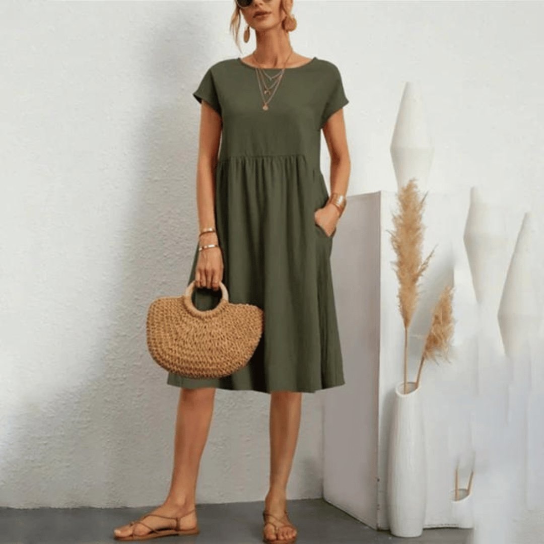 Savanna Relaxed Cotton Blend Women's Midi Dress with Pockets