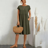 Savanna Relaxed Cotton Blend Women's Midi Dress with Pockets