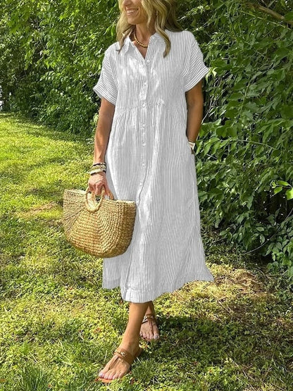 Women's Striped Cotton Shirt Collar Midi Dress with Short Sleeves