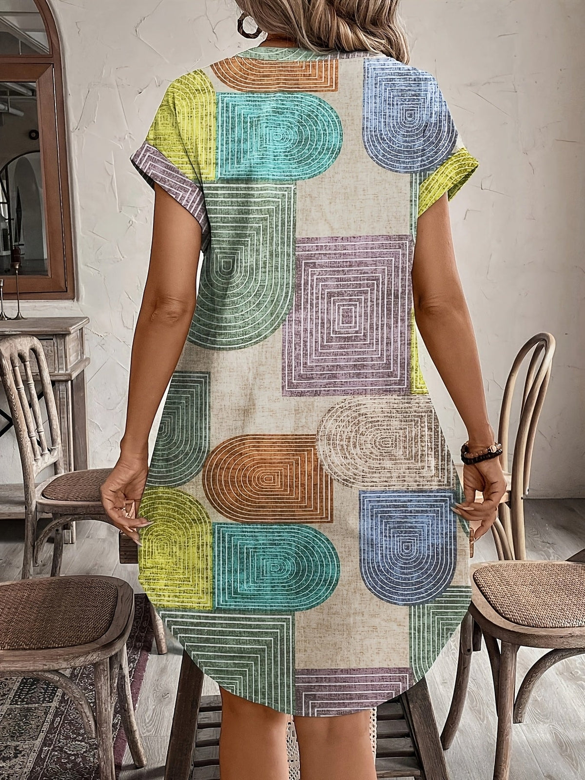 Miriam Retro Print Button-Front V-Neck Women's Midi Shirt Dress