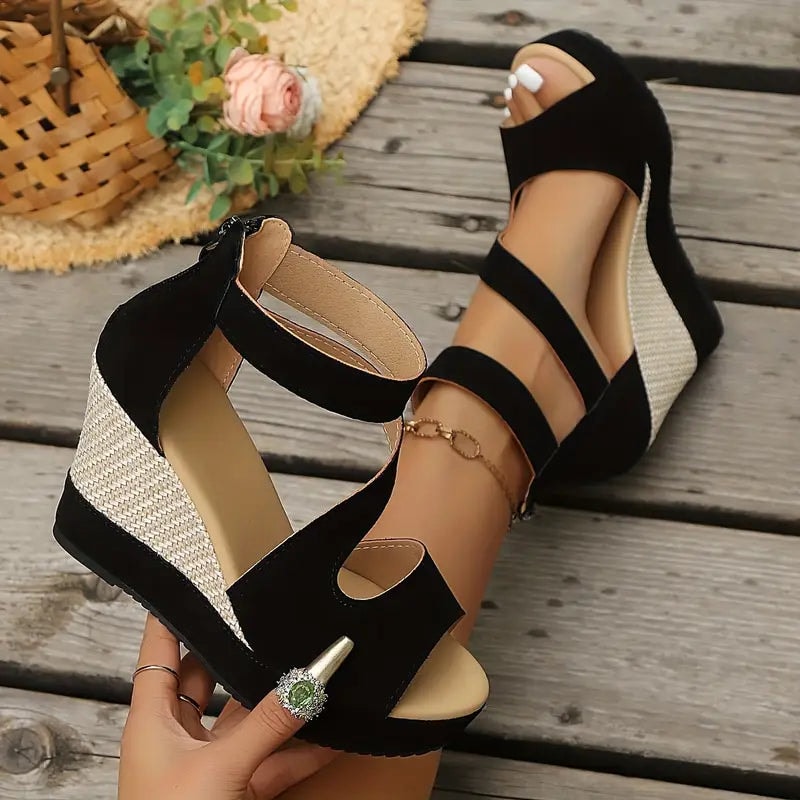 Thessalia Black Platform Wedge Sandals with Ankle Strap and Open Toe