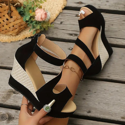 Thessalia Black Platform Wedge Sandals with Ankle Strap and Open Toe