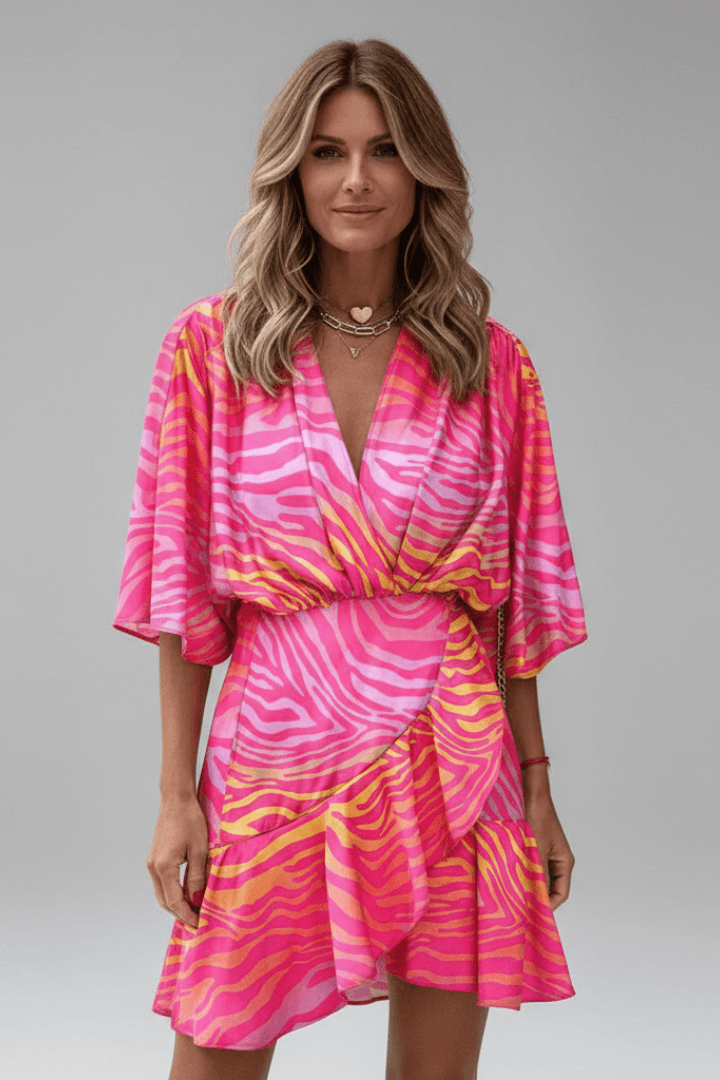 Batwing Sleeve Wrap Mini Dress with Adjustable Waist Tie