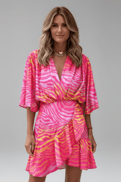 Batwing Sleeve Wrap Mini Dress with Adjustable Waist Tie