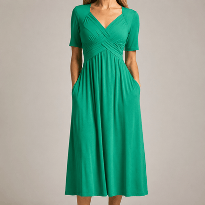Villefranche Crossover V-Neck Jersey Knit A-Line Women's Midi Dress with Pockets
