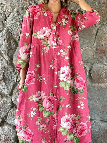 Maddie Floral Cotton Button-Front Women's Midi Dress with Three-Quarter Sleeves
