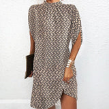 Split-Sleeve Mock Neck Shift Mini Dress for Women