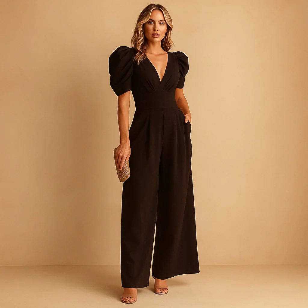 Isabelle Puff Sleeve Wide-Leg Jumpsuit with Pockets