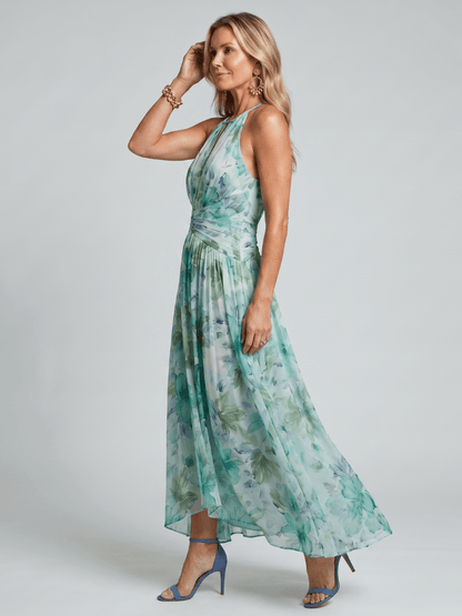 Floral Halter Neck Women's Summer Maxi Dress with Open Back