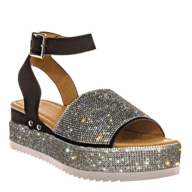 Women's Sparkly Diamante Open-Toe Platform Sandals with Ankle Strap