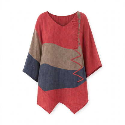 Nora Fitzgerald Colorblock Linen Blouse with Long Sleeves for Women