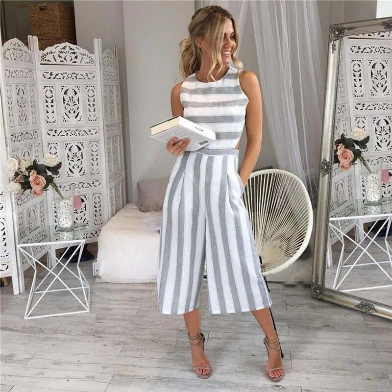 Striped Sleeveless Wide-Leg Linen Jumpsuit with Side Cut-Outs and Pockets