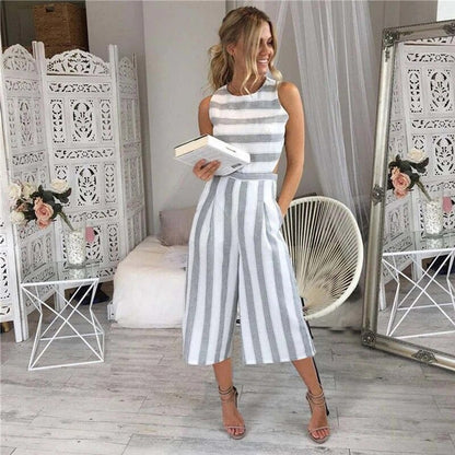 Striped Sleeveless Wide-Leg Linen Jumpsuit with Side Cut-Outs and Pockets