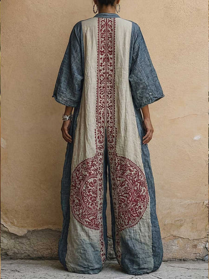 Women's Wide-Leg Linen Jumpsuit with V-Neck and Ethnic Print