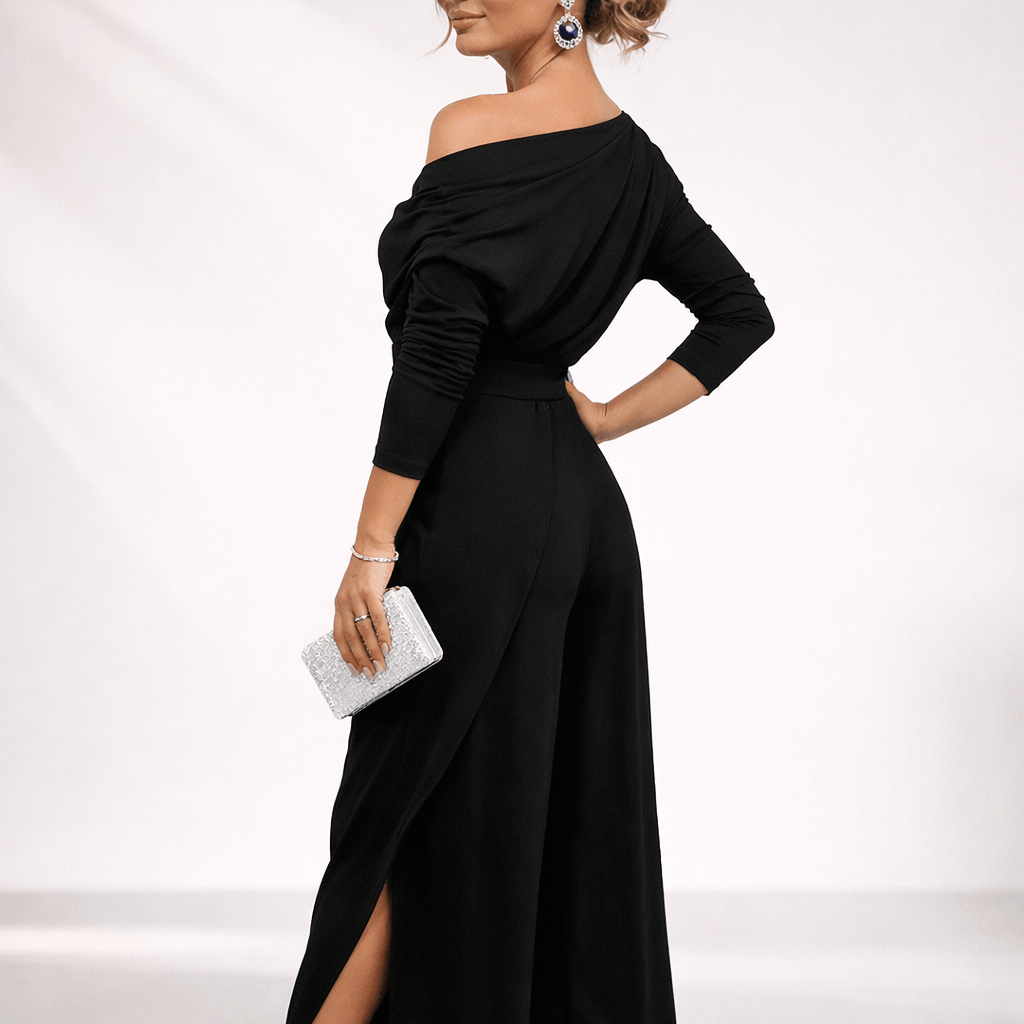 One-Shoulder Wrap-Front Wide-Leg Jumpsuit with Split Skirt Overlay