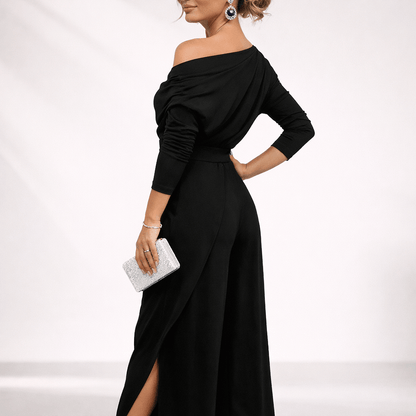 One-Shoulder Wrap-Front Wide-Leg Jumpsuit with Split Skirt Overlay