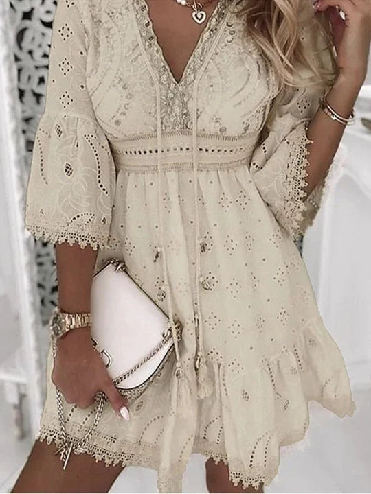 Embroidered Boho Cotton Blend Midi Dress with Flare Sleeves for Women