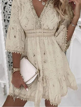Embroidered Boho Cotton Blend Midi Dress with Flare Sleeves for Women