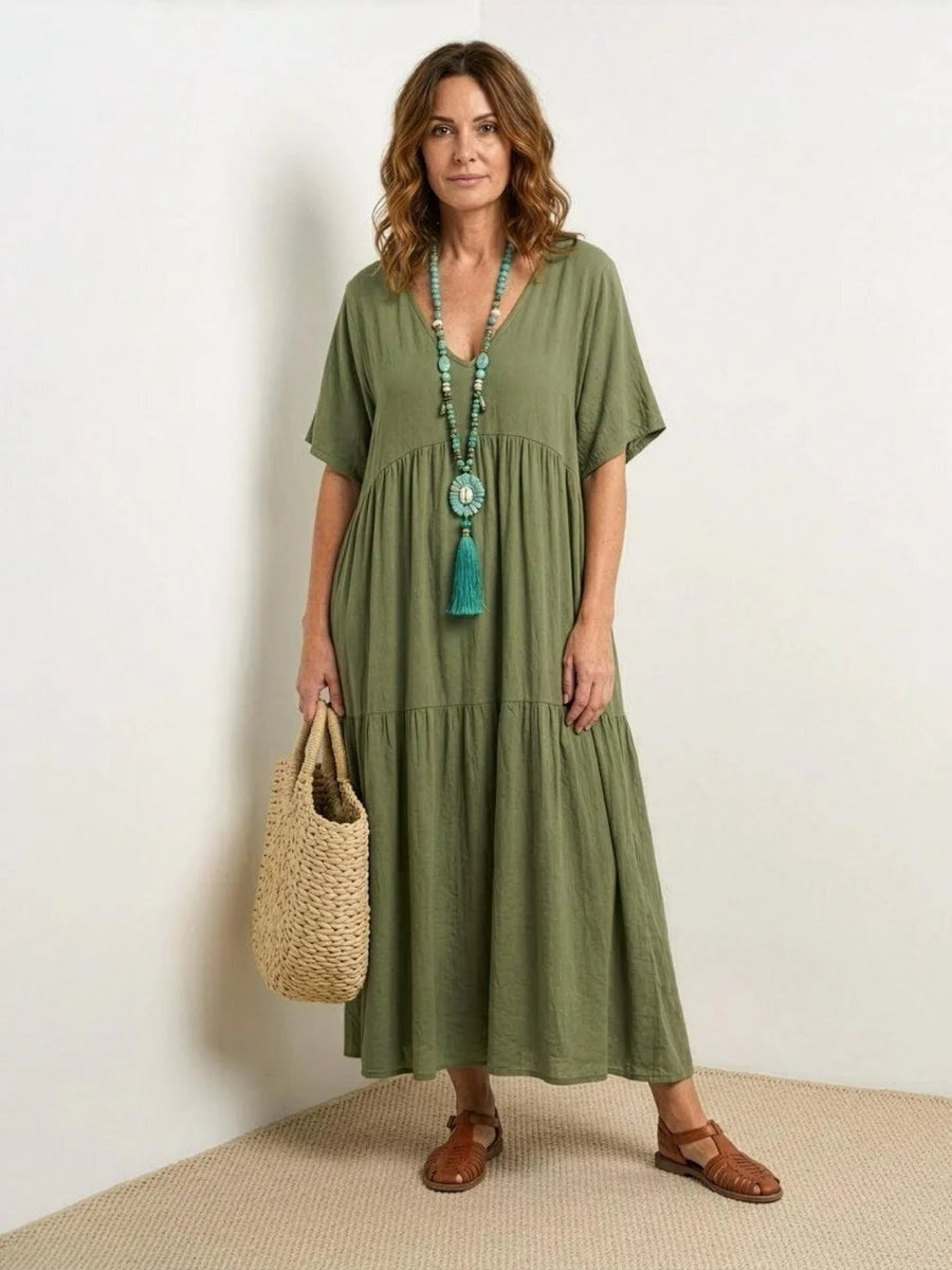 Women's Tiered Ruffle V-Neck Midi Dress with Short Sleeves in Polyester