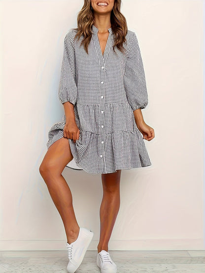 Gingham Button-Down Tiered Mini Dress for Women