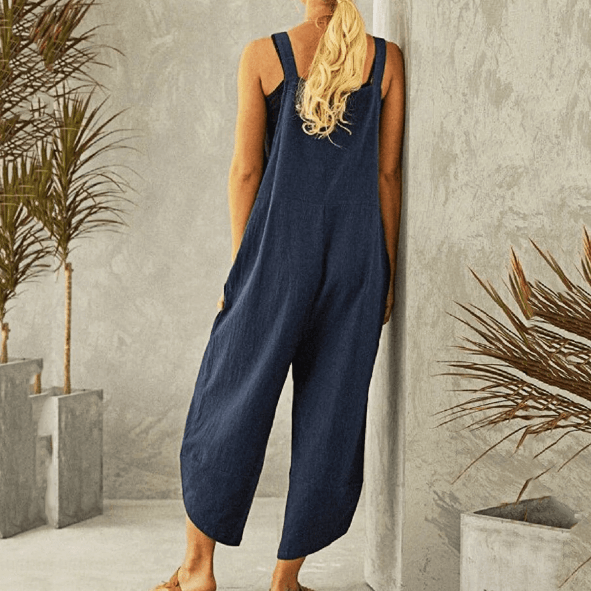 Harper Wide-Leg Linen Jumpsuit with Adjustable Straps and Side Pockets