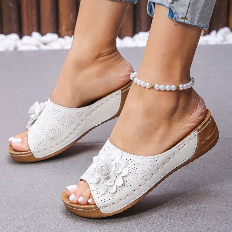 Flora Comfortable Slide Wedge Sandals with Perforated Upper and Flower Detail