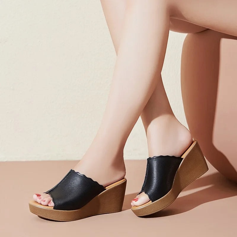 Open-Toe Platform Wedge Slide Sandals with Scalloped Edge