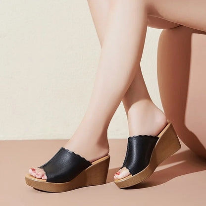 Open-Toe Platform Wedge Slide Sandals with Scalloped Edge