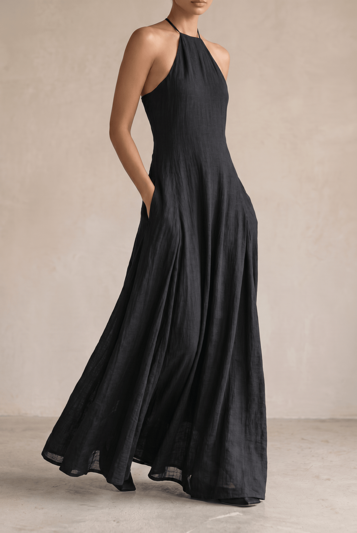 Halter Neck Linen Blend Sleeveless Summer Maxi Dress