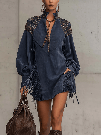 Fringe Tassel Faux Suede Mini Dress with Embroidered Yoke for Women