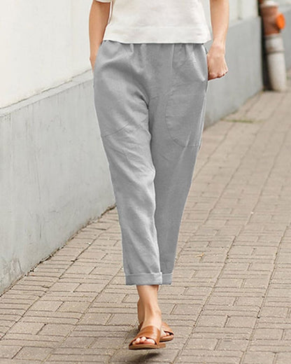 Sage Relaxed Cropped Pants with Elastic Waist and Cuffed Hem