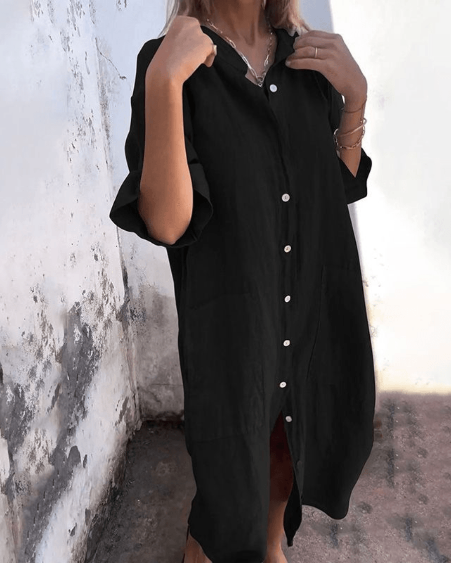 Valerie Button-Up Summer Midi Shirt Dress with Half Sleeves and Patch Pockets