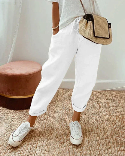 Women's Relaxed Linen Trousers with Elastic Drawstring Waist