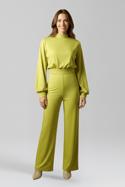 Women's Mock Neck Wide-Leg Linen Jumpsuit with Balloon Sleeves