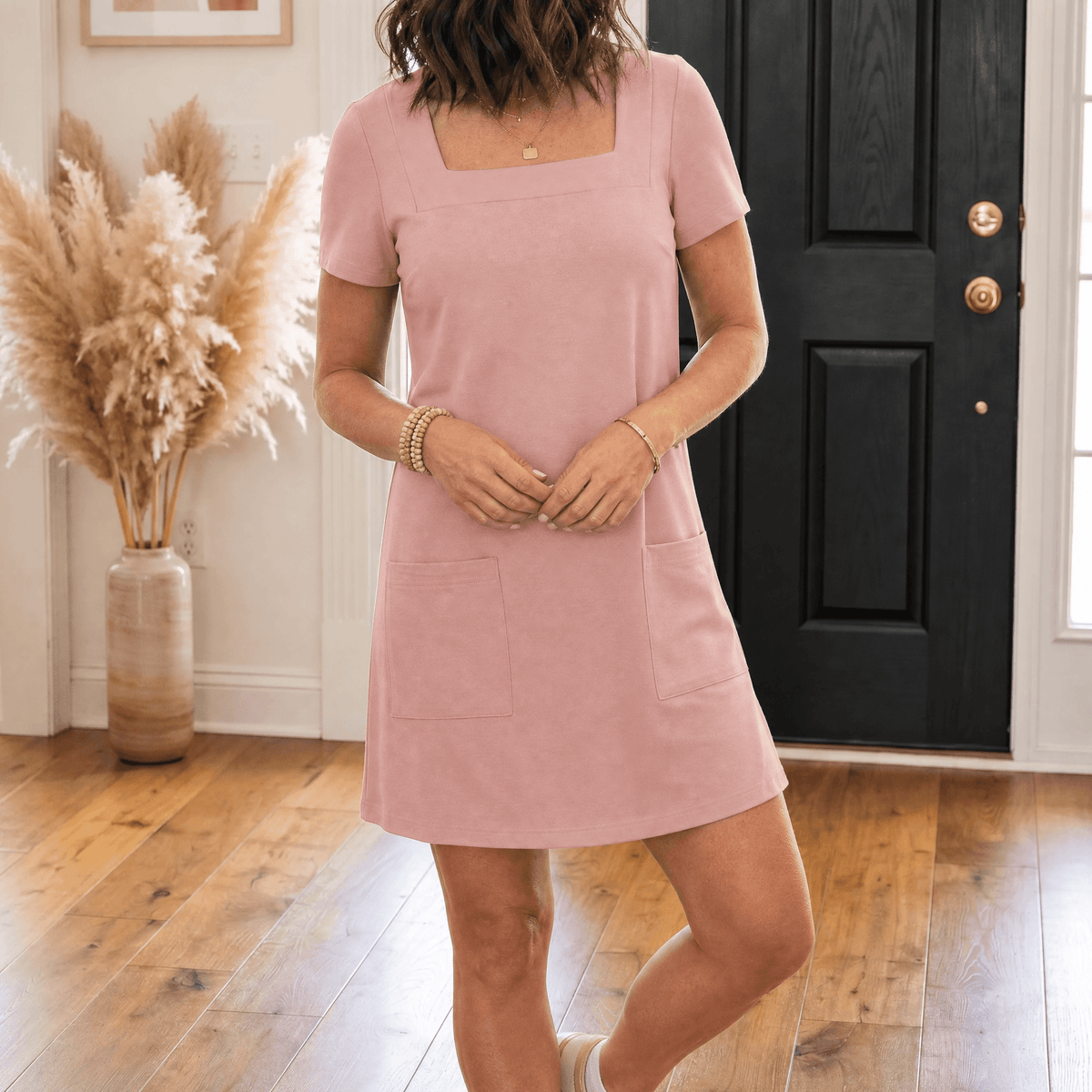 Square-Neck Cotton Blend Women's Midi Dress with Side Pockets