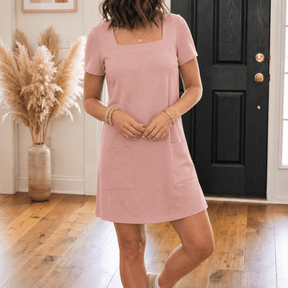 Square-Neck Cotton Blend Women's Midi Dress with Side Pockets