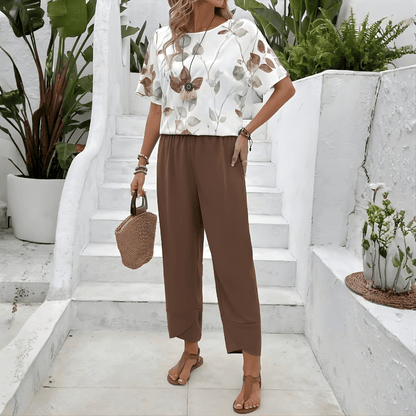 Women's Floral Leaf Print Top and Trouser Two-Piece Coordinate Set