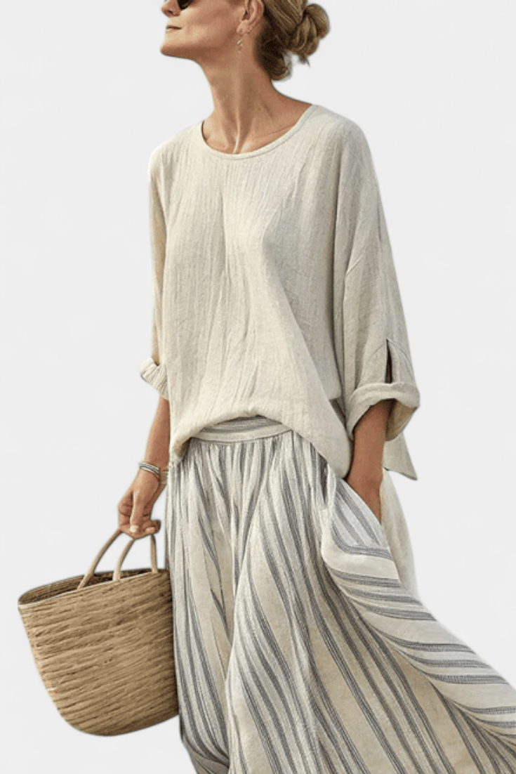 Matching Two-Piece Set with Loose Linen Blouse and Striped Midi Skirt