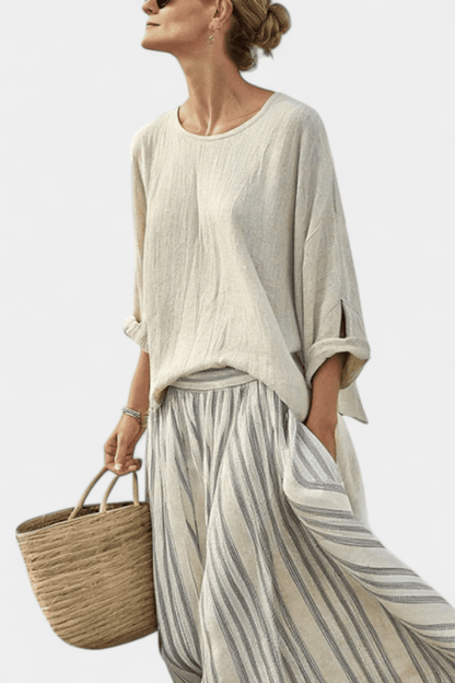 Matching Two-Piece Set with Loose Linen Blouse and Striped Midi Skirt