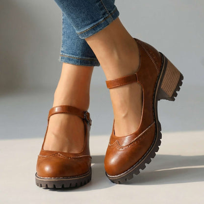 Comfortable Brogue Mary Jane Shoes with Block Heel and Buckle Strap