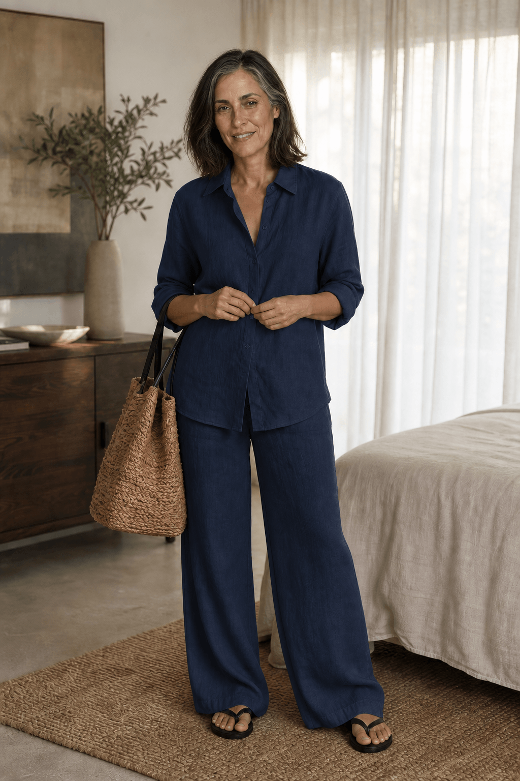 Women's Linen Shirt and Wide-Leg Tailored Trouser Two-Piece Set