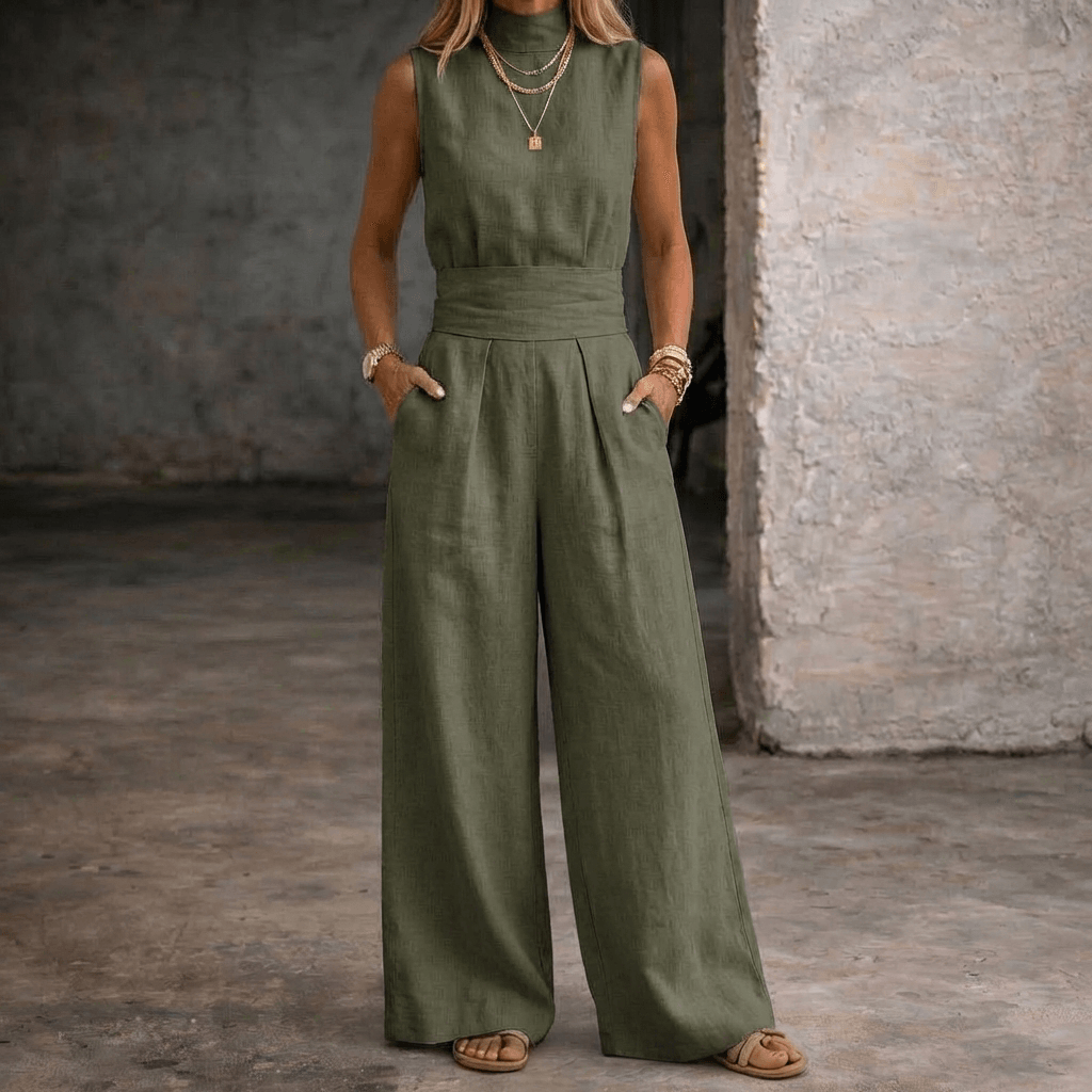 Viola High-Waist Wide-Leg Sleeveless Linen Jumpsuit with Collar