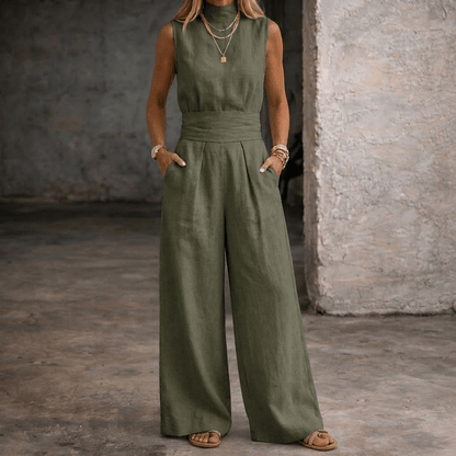 Viola High-Waist Wide-Leg Sleeveless Linen Jumpsuit with Collar