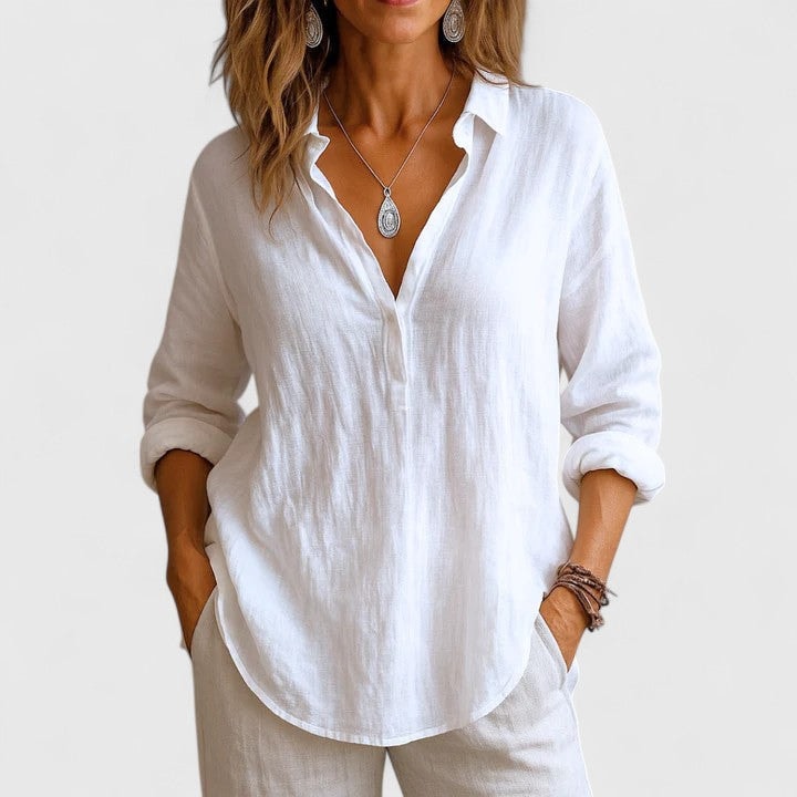 Franzina Collared Linen Blouse with Long Sleeves for Women