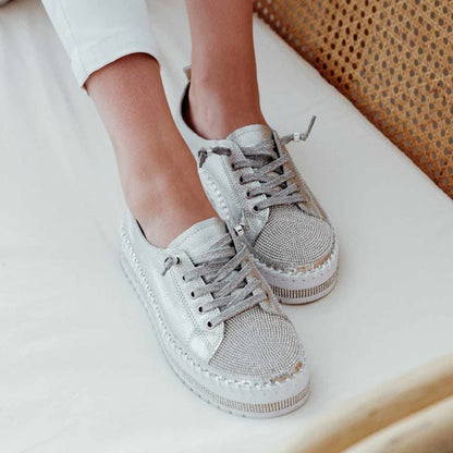 Sparkly Rhinestone Platform Sneakers Lace Up Casual Shoes