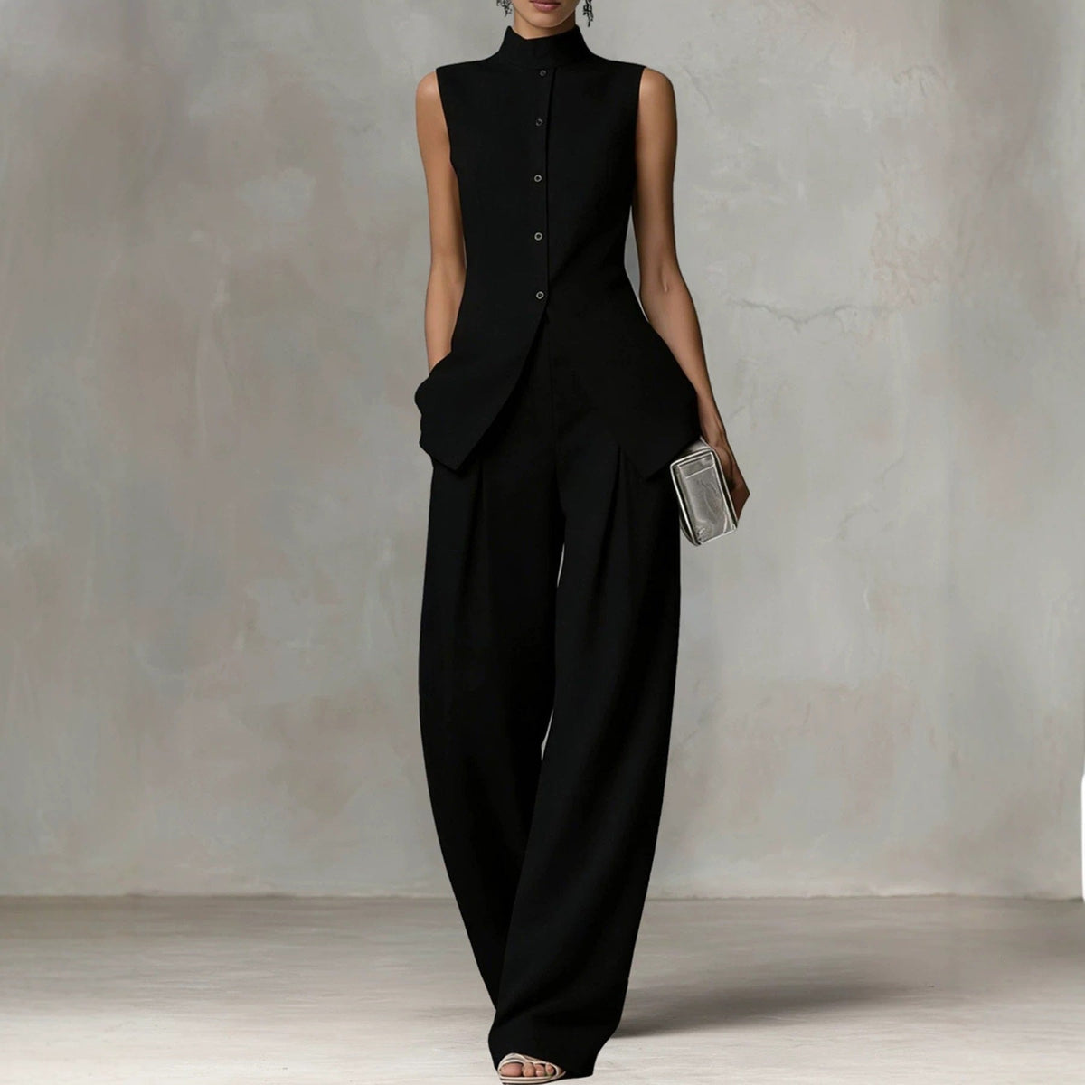 Sleeveless Stand Collar Wide-Leg Linen Jumpsuit with Side Pockets